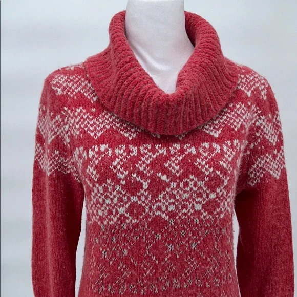 Free People Red Fair Isle Cowl Neck Sweater Women’s M Wool Blend Winter - Picture 6 of 11